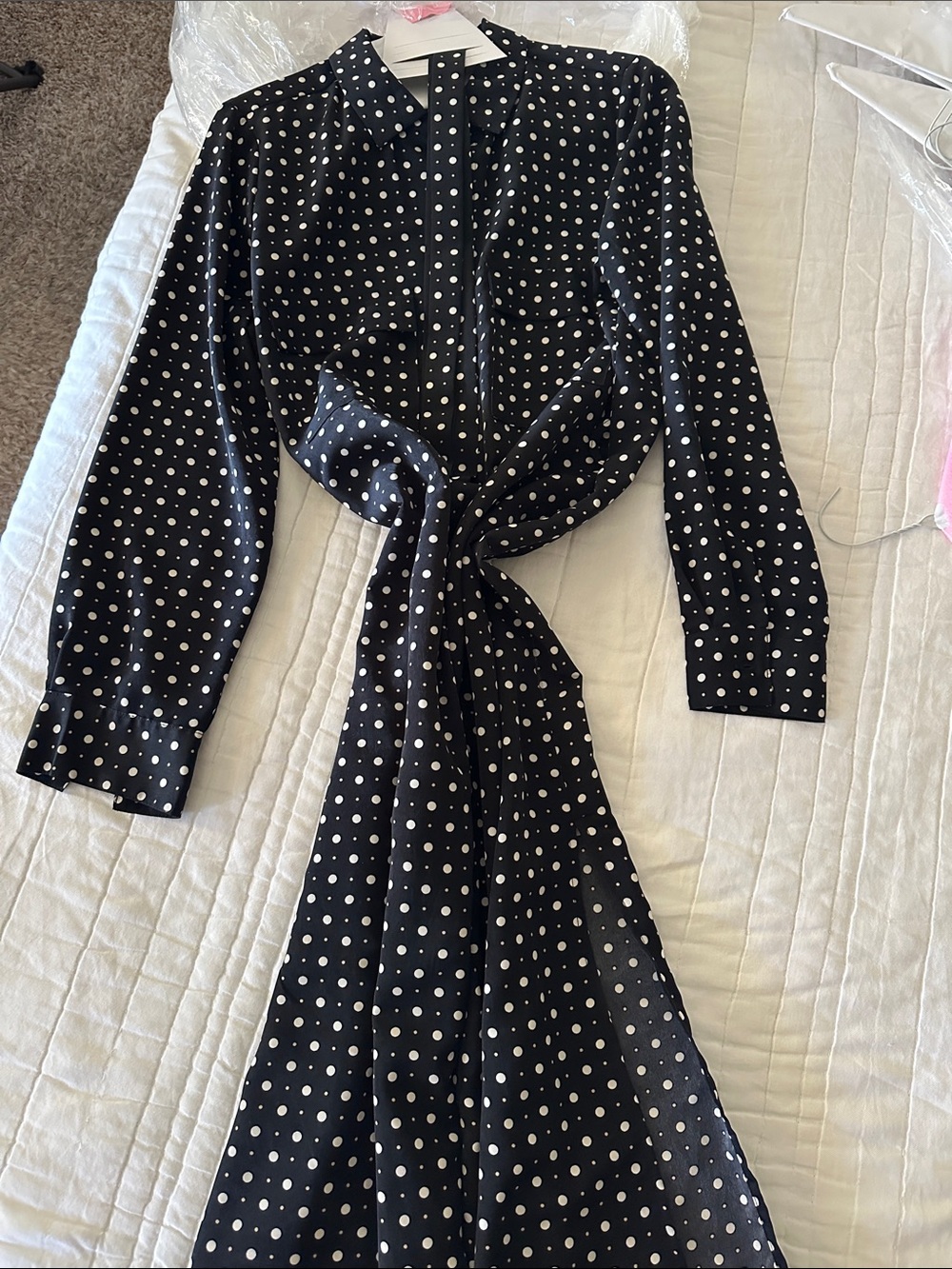 Black Polka Dot Tie-Front Shirt Dress